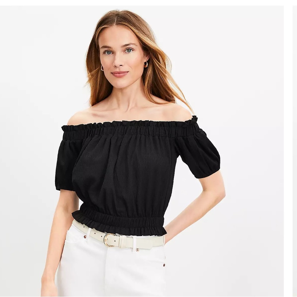 ** LOFT Crinkle Jacquard Off The Shoulder Top Black Brand New XXL